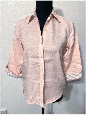 Lauren Ralph Lauren Pale Pink Linen Button-Up Shirt Monogram on Buttons Romantic